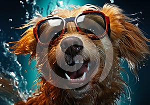 A dog wearing goggles for eye protection. A close up of a dog wearing goggles