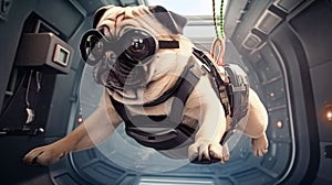 A dog wearing goggles while flying through the sky in a magical fantasy setting