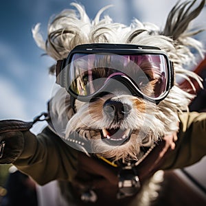 A dog wearing goggles and a jacket, AI