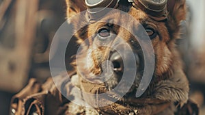 A dog wearing goggles and a leather jacket with brown fur, AI