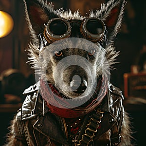 A dog wearing goggles and leather jacket with a dark background, AI