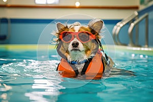 dog wearing goggles and a life jacket in the pool