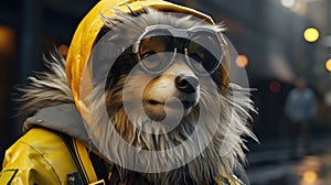 A dog wearing goggles and a raincoat. AI