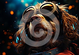 A dog wearing goggles and a red jacket