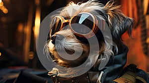 A dog wearing goggles and vest