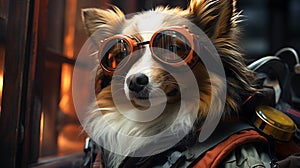 A dog wearing goggles and vest