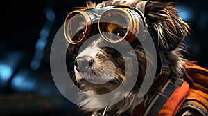 A dog wearing goggles and vest