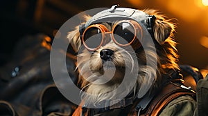 A dog wearing goggles and vest
