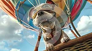 Dog Wearing Hat and Goggles Standing in Front of Hot Air Balloon