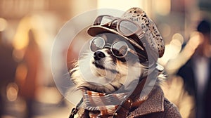 A dog wearing a hat and scarf with goggles, AI