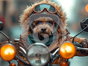 Dog wearing helmet and goggles on motorcycle