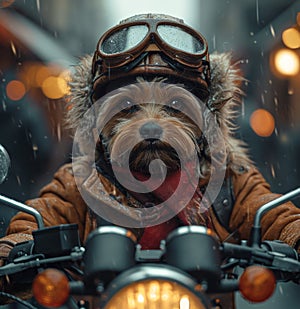 Dog Wearing Helmet and Goggles on Motorcycle. A dog confidently wears a helmet and goggles, ready for a motorcycle ride.