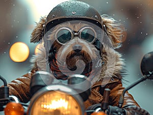 Dog Wearing Helmet and Goggles Riding on a Motorcycle.