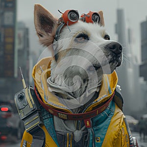 a dog wearing a jacket, goggles and helmet on a street corner