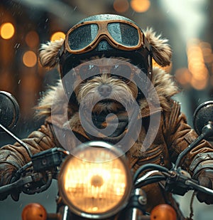 Dog Wearing Jacket and Goggles Riding a Motorcycle.