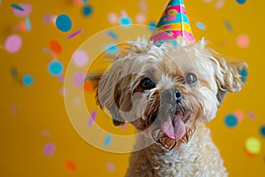 A dog wearing a party hat