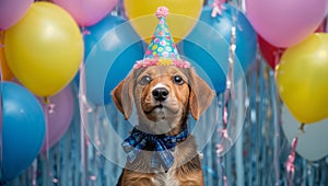 Dog wearing party hat with balloon cluster