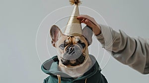 Dog Wearing Party Hat Being Petted
