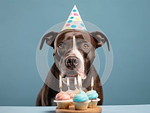 A dog wearing party hat with a birthday cake, blow candles, happy birthday and celebration concept, generative AI