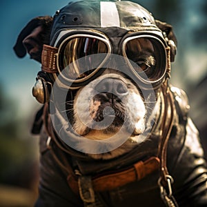 A dog wearing a pilot& x27;s helmet and goggles, AI