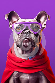 Dog wearing purple goggles and red scarf on purple background. Generative AI