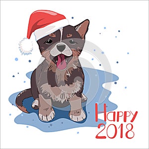 Dog wearing Santa hat. Happy New 2018 Year concept. Winter season card, banner, flyer, etc.