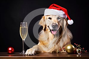 The dog is wearing a Santa hat and sitting next to a glass of champagne