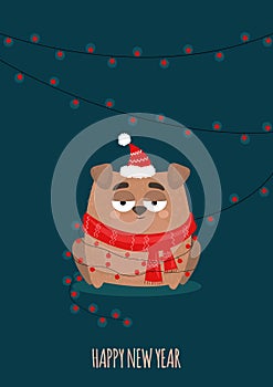 Dog Wearing a Scarf Cartoon Style. Christmas card. New Year background. Cute animals.