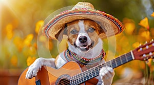 Dog Wearing Sombrero and Holding Guitar