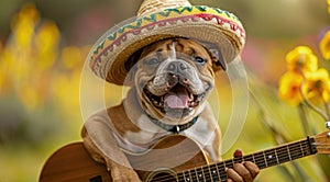 Dog Wearing Sombrero Playing Guitar