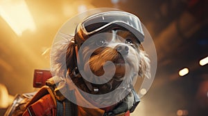 A dog wearing a space suit and goggles, AI