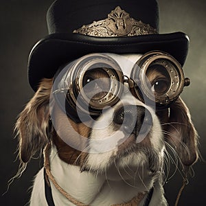 Dog wearing steampunk goggles and a tophat. Created using ai generative.