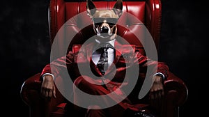 a dog wearing a suit, sunglasses and sitting in a chair,