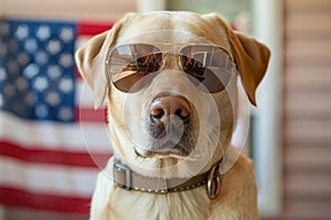 A dog wearing sunglasses and an american flag