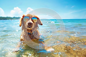 Dog wearing sunglasses having fun in the sun at a sandy beach