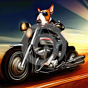 Dog wearing sunglasses riding motorbike create by Ai
