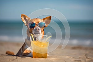 A dog wearing sunglasses sits on a beach. Vocation hollyday, travel concept AI generation