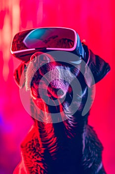 Dog wearing virtual reality headset and goggles. Generative AI