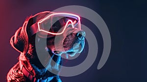 Dog wearing vision pro VR glasses, bone neon icon room background. Generative AI