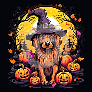 Dog wearing witches hat sitting in front of pumpkins. Generative AI