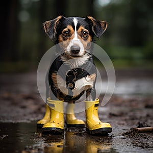 dog wearing yellow rubber boots