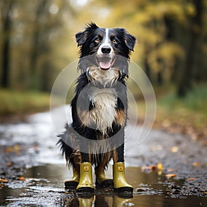 dog wearing yellow rubber boots
