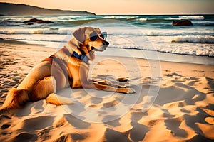 DOG WEARNING SUN GLASES ON BEACH GENERATED BY AI TOOL