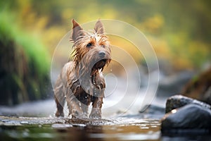 dog with a wet coat shaking off by a brook