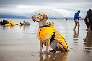 dog in wet suit and flotation device, keeping watch over the beachgoers
