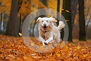 Dog, white golden retriever jumping through autumn leaves in the park.