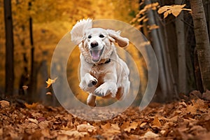 Dog, white golden retriever jumping through autumn leaves in the park.