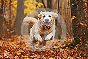 Dog, white golden retriever jumping through autumn leaves in the park.