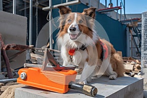 dog wielding toolbox and hammer, working on futuristic building project