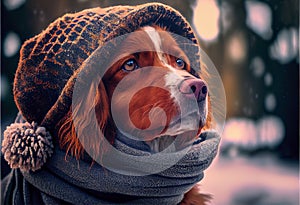 Dog in a Winter Hat. Seasonality, Cooling, Weather Change. Generative AI